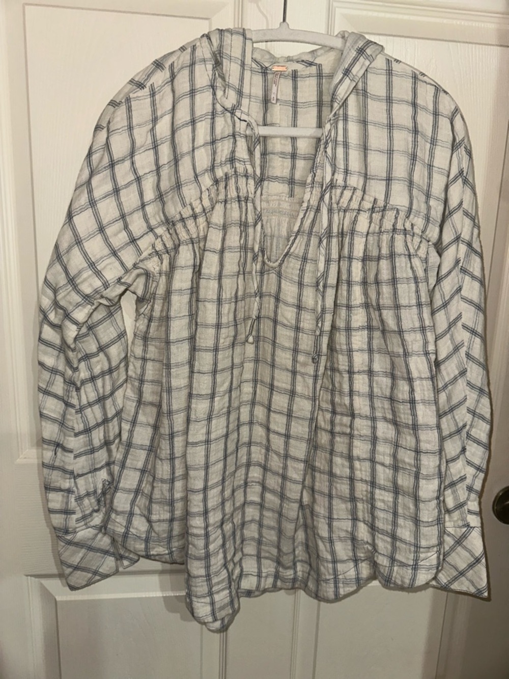 Free People Lightweight White and Blue Plaid Hooded Gauzy Cotton Tunic Top S